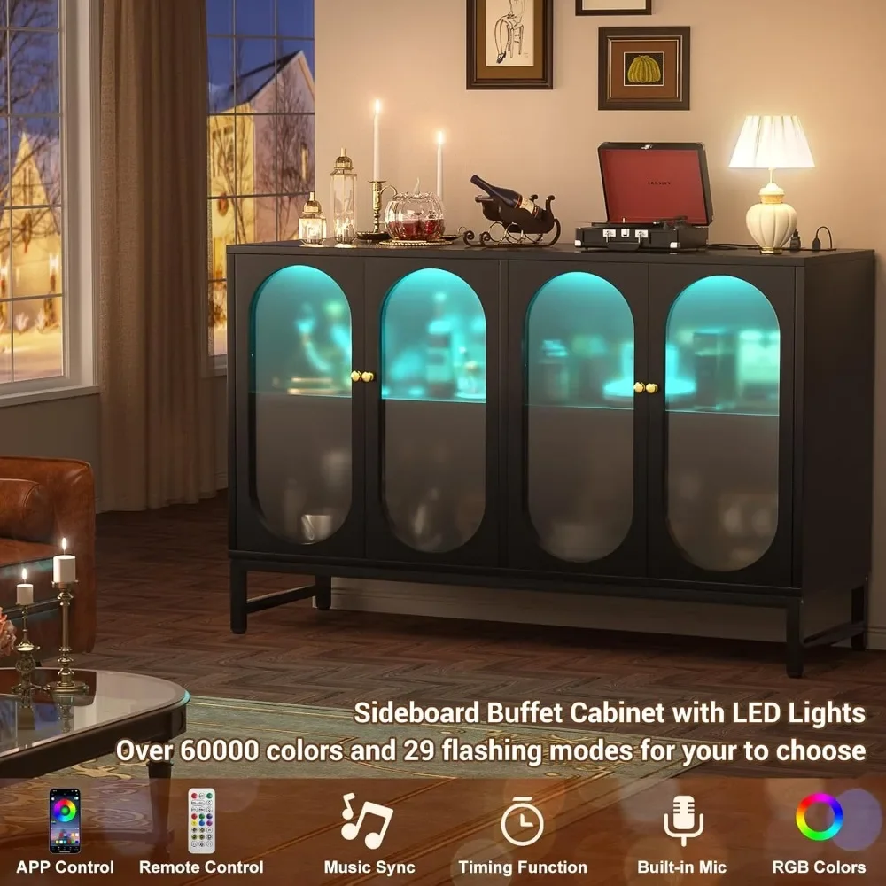 Sideboard Buffet Cabinet with Power Outlet, Accent Cabinet with LED Light, Sideboard Storage Coffee Bar Table