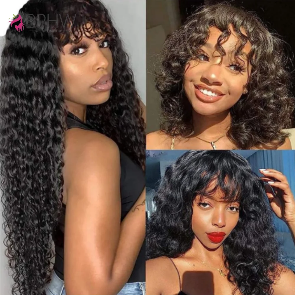 Water Wave Human Hair Wigs with Bangs Brazilian Human Hair For Women 180% Density Machine Made Deep Wave Curly Wigs Long human hair wigs