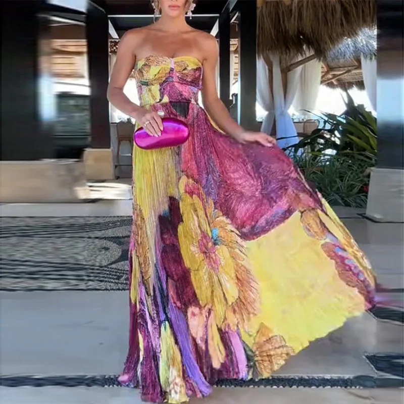 Robe de soirée sexy 2025 pour femme, à bretelles, taille haute, élégante, plissée avec imprimé