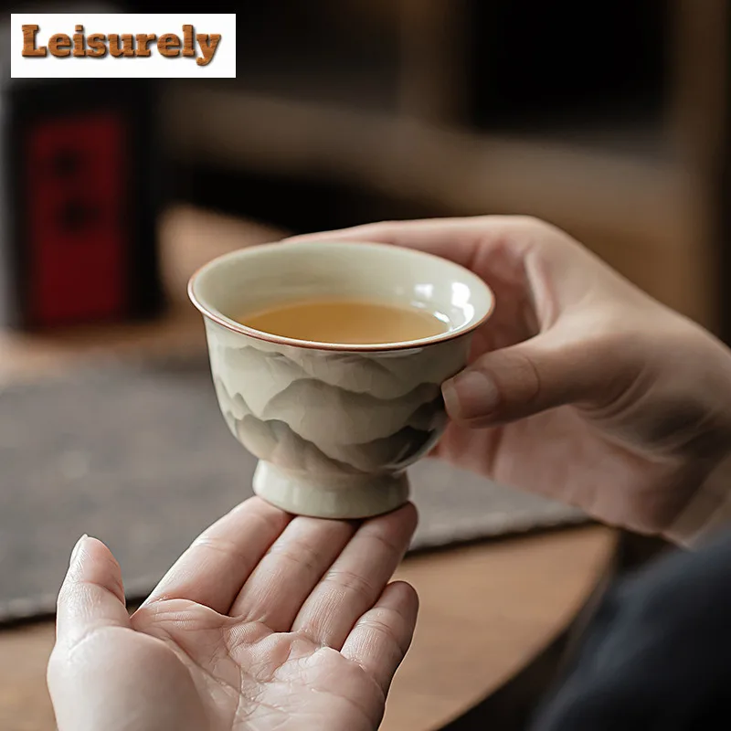 2pc/lot Mountain Flower Ru Kiln Porcelain Teacup Elegant Tea Bowl Set Of Cups Fragrance Cup Chazhan Teaware Supplies Craft 70ML