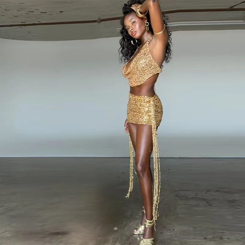 Sexy Sequin Hollow Out Pants Set Women V-neck Short Sleeve Cropped Top Tassel Straight Pant 2026 Spring Summer Lady Party Outfit