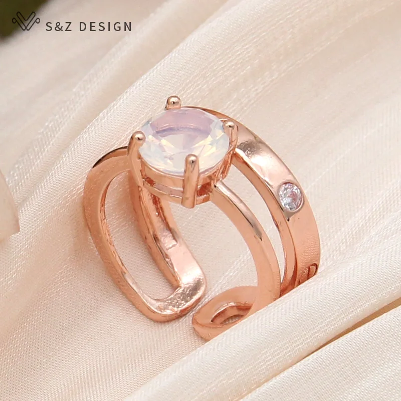 S&Z DESIGN New Fashion Elegant 585 Rose Gold Color Round Cubic Zirconia Adjustable Rings For Women Wedding Jewelry Gift