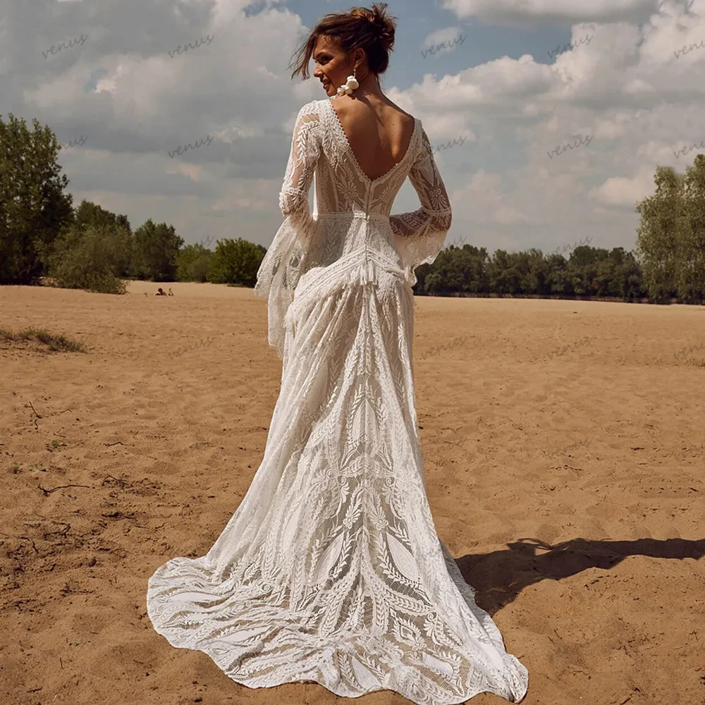 Bohemia Vintage Wedding Dresses For Women 2024 V-Neck Backless Bridal Gowns Flare Sleeves Lace Robe Vestidos De Novia Customized 2