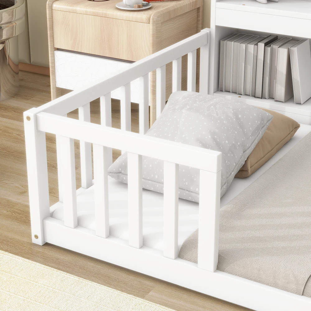 Twin Floor Bed with Bedside Bookcase,Shelves,Guardrails,White 5