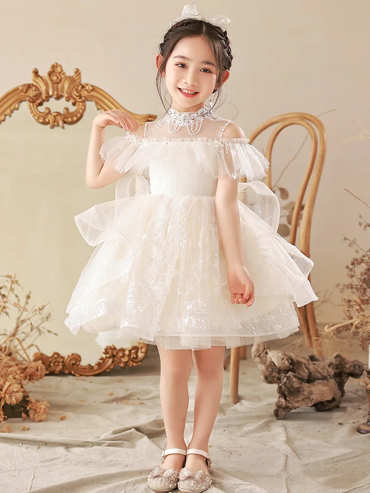 

2024 Teenmiro White Dress for Junior Girls Children Flower Girl Dresses for Weddings Kids Elegant Sequined Ball Gown for Party
