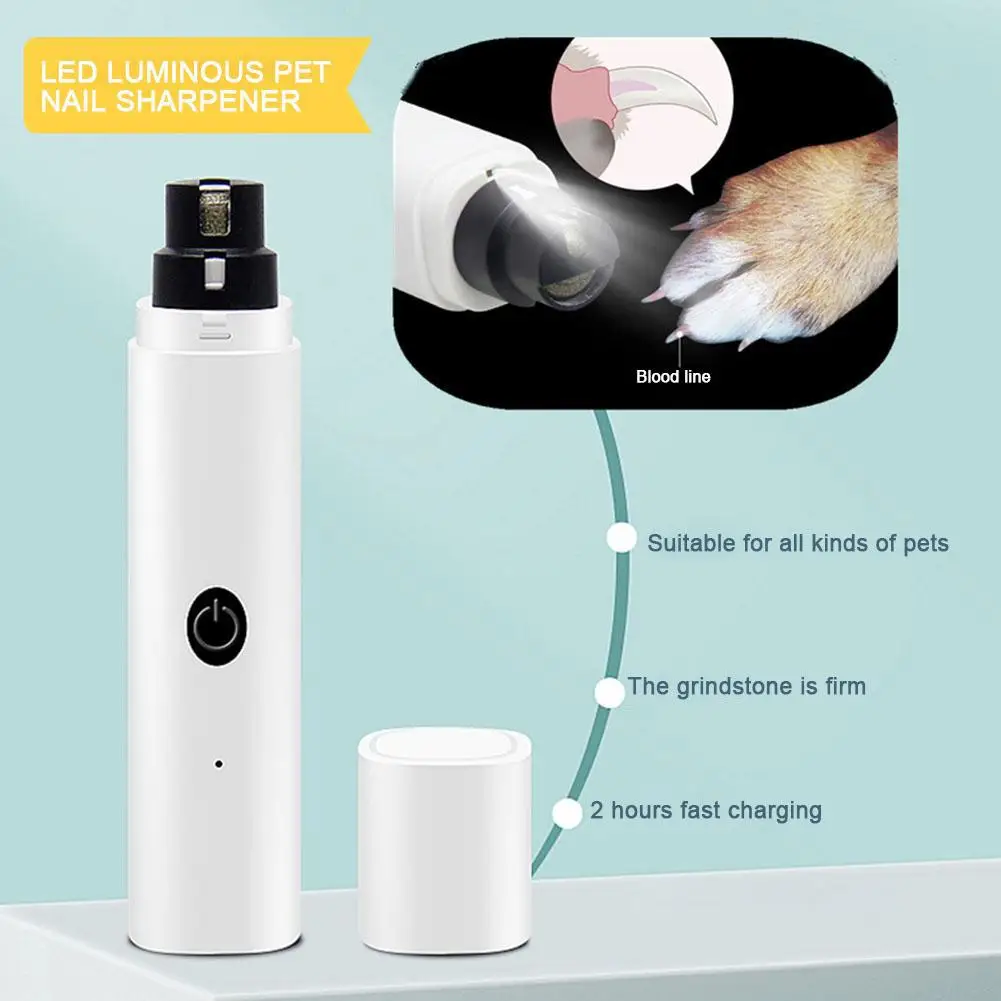 Electric Pet Nail Grinder Rechargeable USB LED Light Quiet Low Vibration Dog Cat Nail Clippers Grooming Tool For Paws White Gree