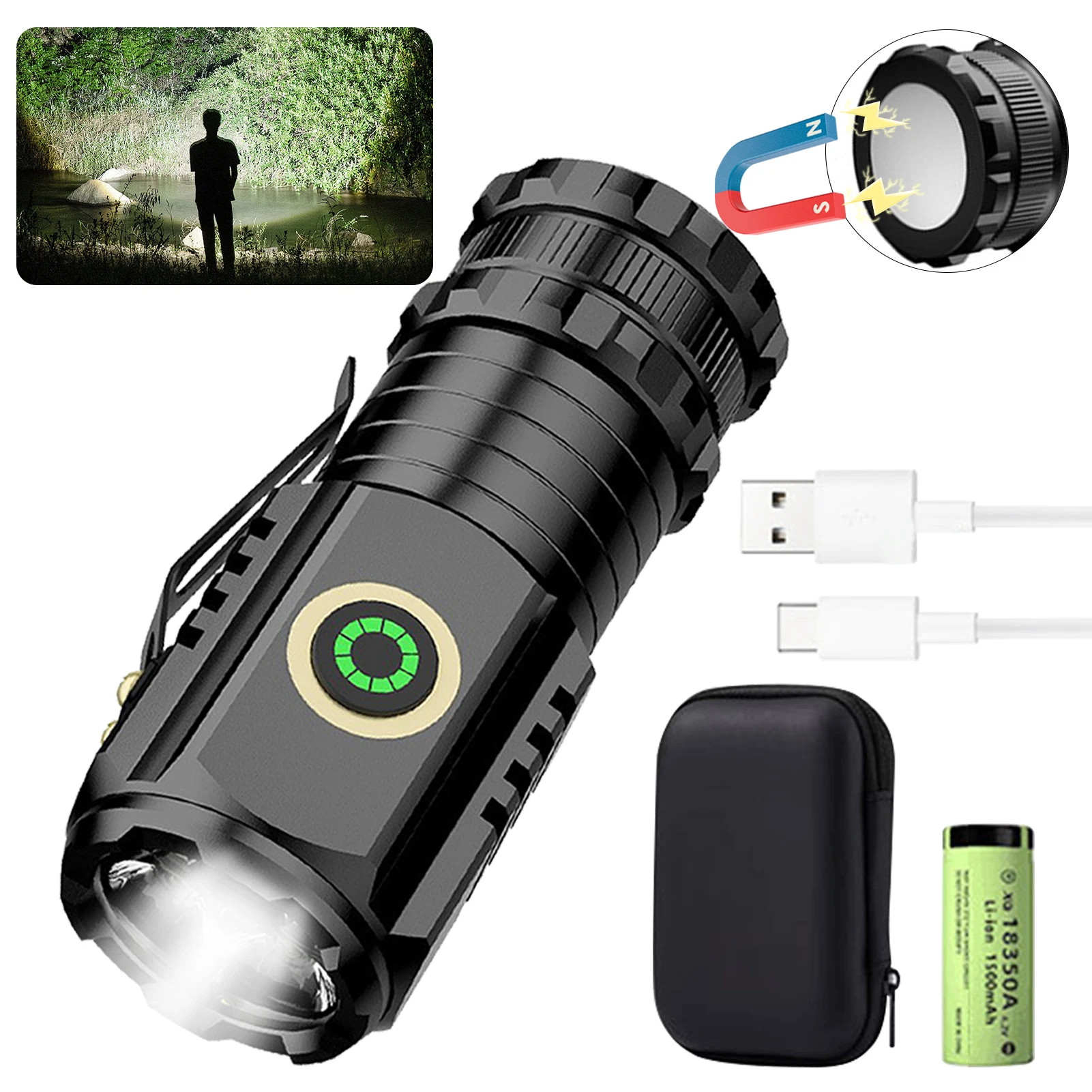 

Фонарик для активного отдыха, походов, яркий фонарик, 5 режимов, с зажимом, магнитный, для кемпинга, для дома, с зарядкой от USB