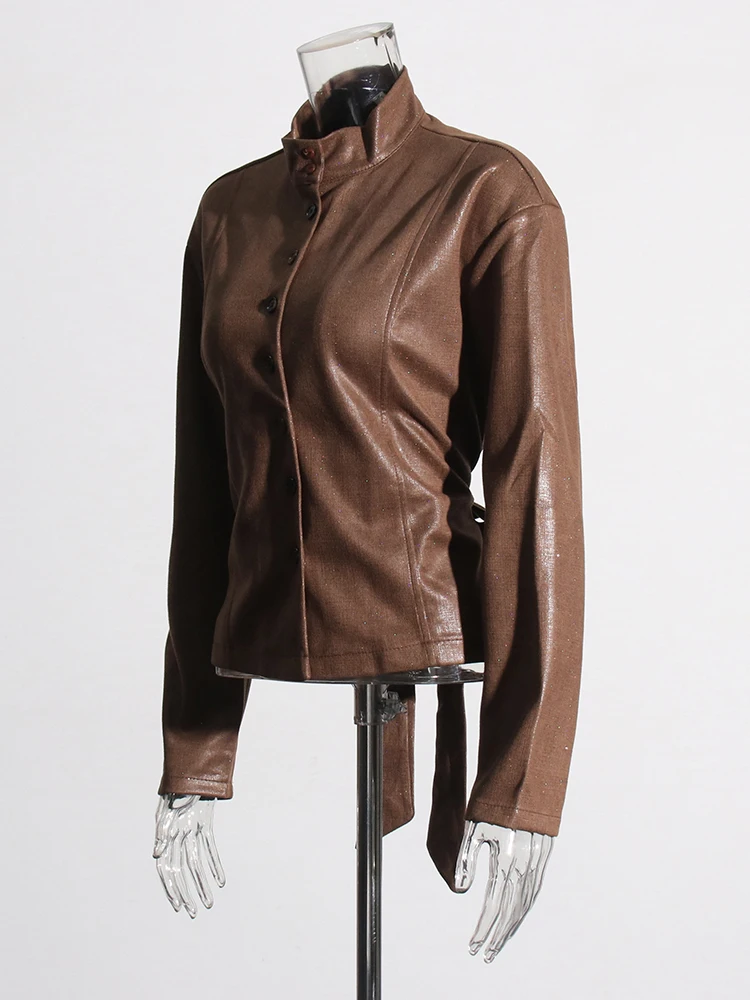 TWOTWINSTYLE Solid Patchwork Lace Up Leather Coat Stand Collar Long Sleeve Spliced Single Breasted Vintage Coats Female Style