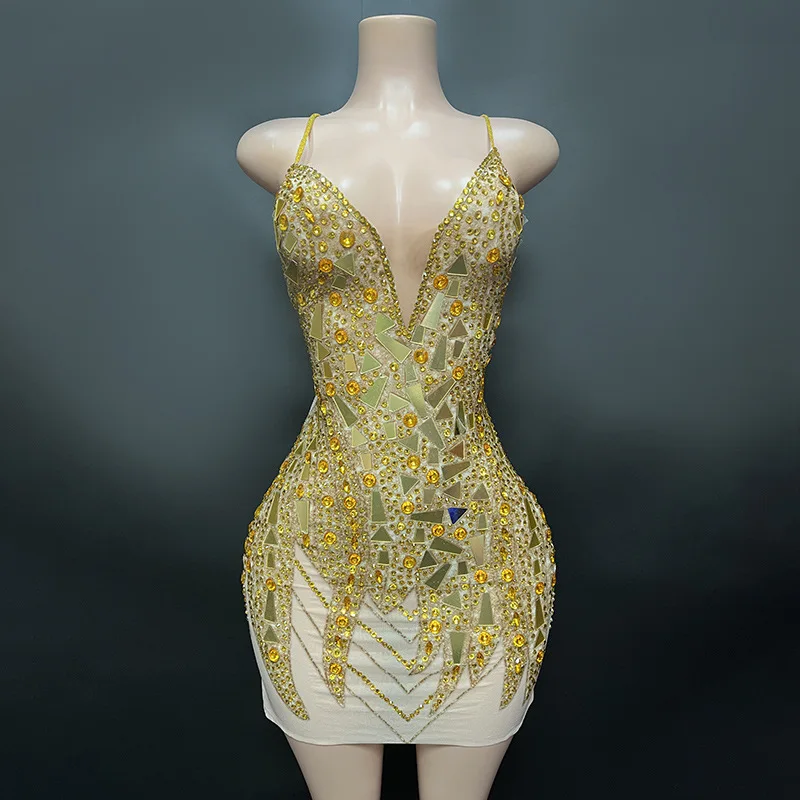 

Shining Rhinestones Mirrors Sexy Mesh See Through Bandage Backless Short Dress Women Celebrate Birthday Prom Party Dress