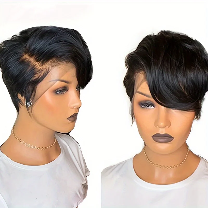 13*4*1T lace human hair wig pixie human hair wig short straight wigs 6inch 150% density pixie natural look
