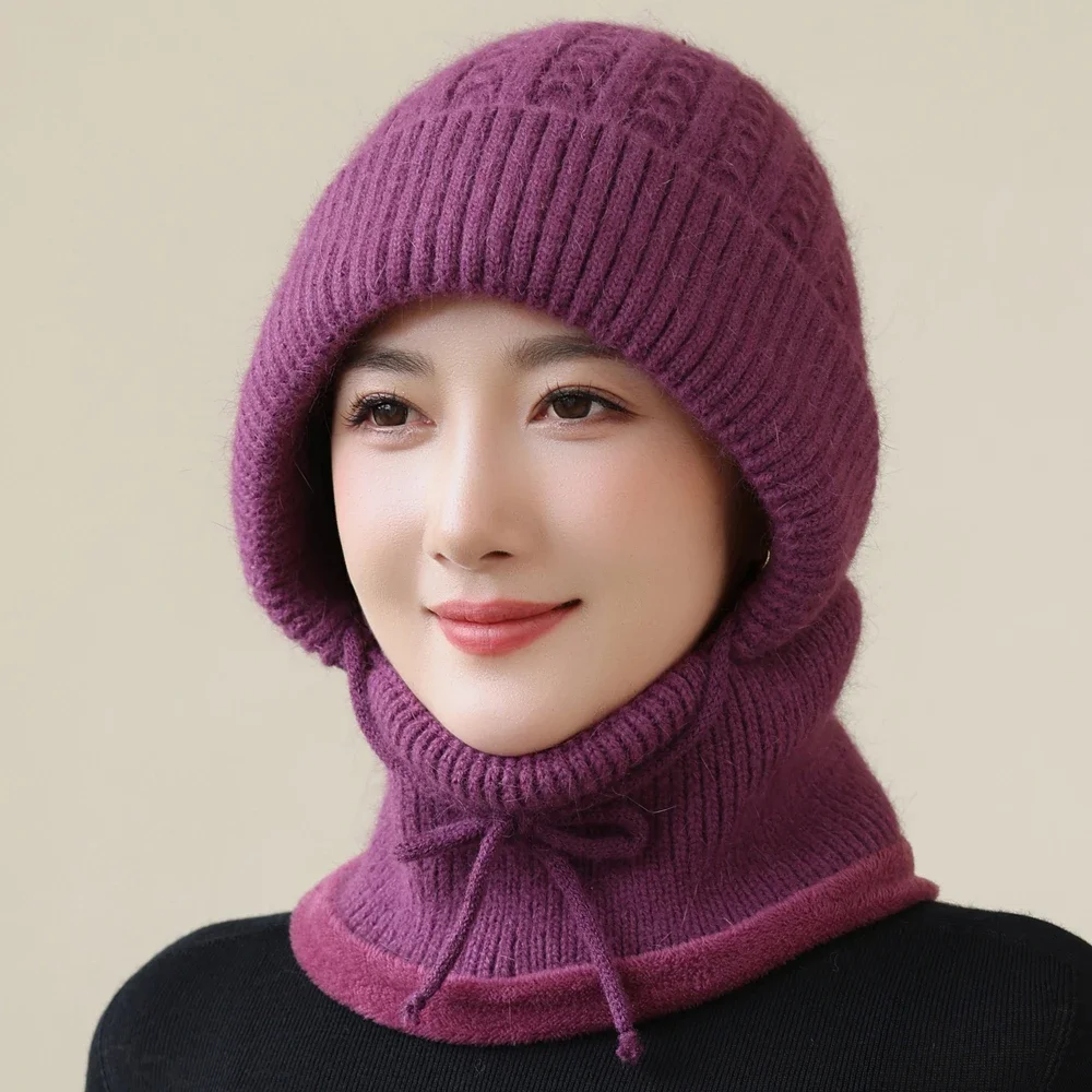 Hot Sale Winter Women Keep Warm Knitted Hat Neck Protection Beanie Cap Fur Lined Warm Hats For Women Windproof Balaclava Cap