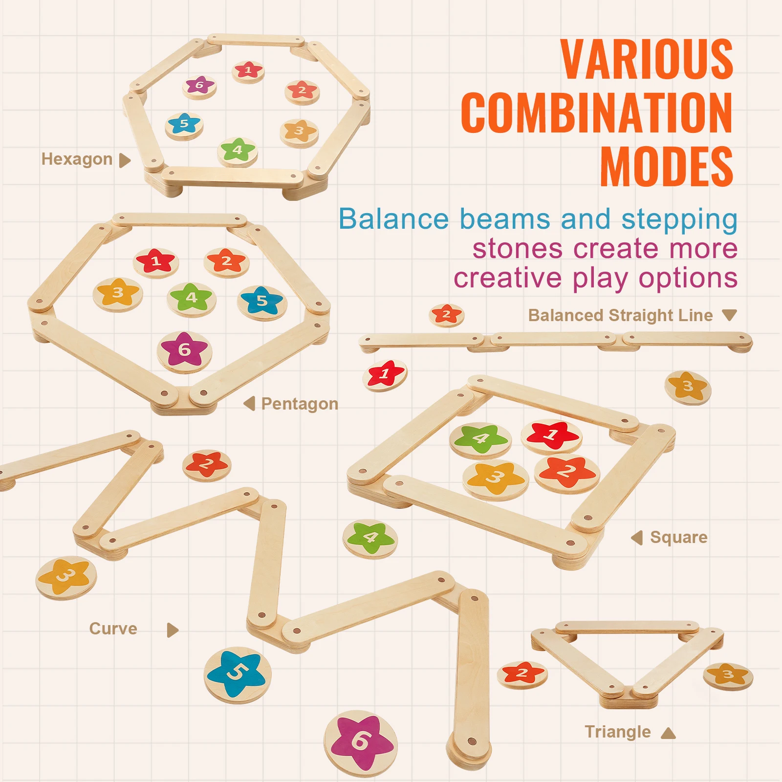 SucceBuy 6PCS Kids Balance Beam Stepping Stones Wooden Toddler Balance Boards Indoor/Outdoor Montessori Toy for Children Gifts