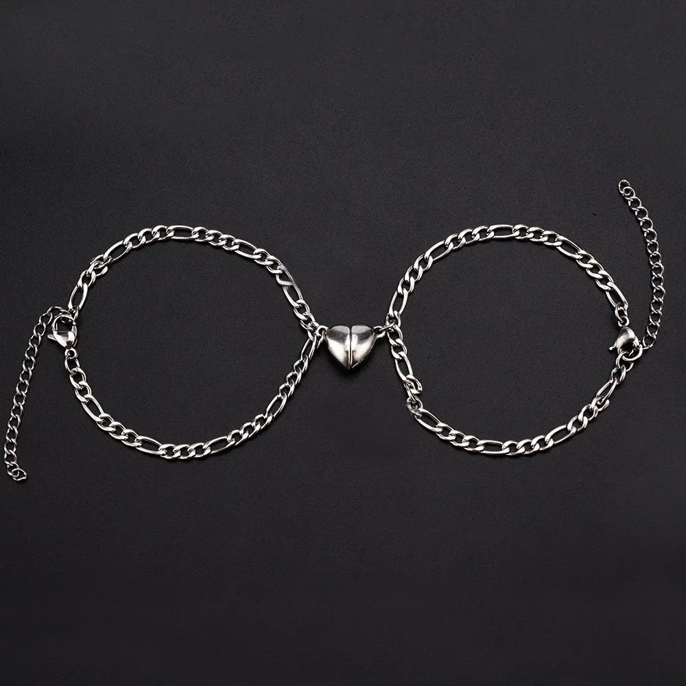 Heart Attraction Magnetic Couple Bracelets with Key Lock Charm - Stainless Steel Cuban Chain Set