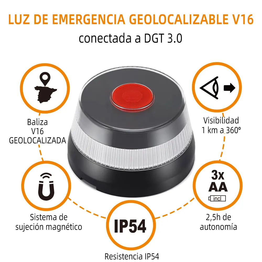V16 emergency beacon connected with dgt 3.0 geolocation approved emergency light connected and authorized by dgt v16 signal