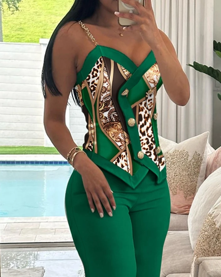 Women Piece Set 2024 Spring/summer V-Neck Sleeveless Scarf Leopard Print Double Breasted Button Cami Top&straight Leg Pants Set