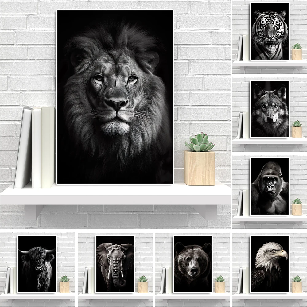 

Black And White Lion Canvas Painting Animal Poster Nursery Wall Art Print Tiger Elephant Illustration Living Bedroom Home Decor