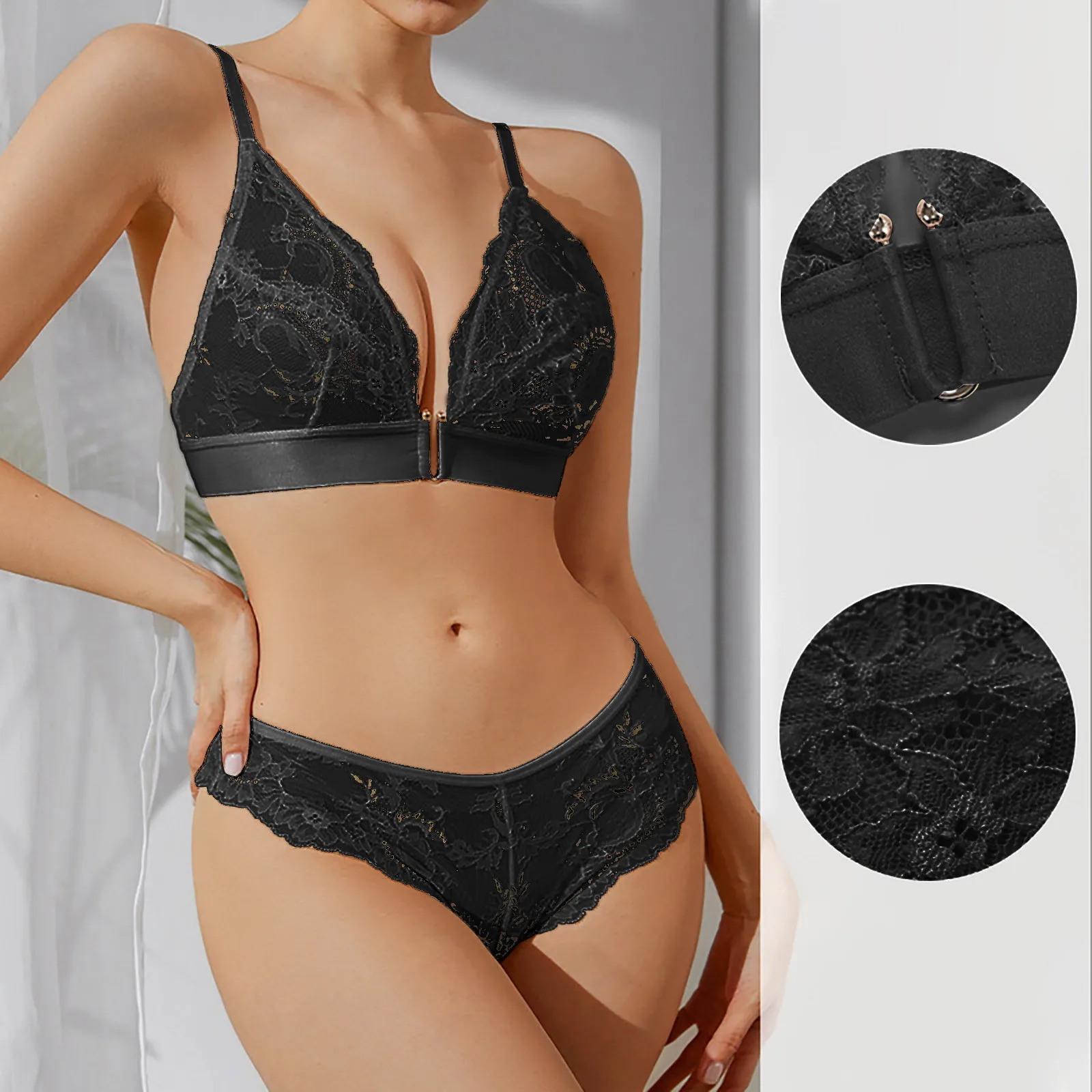 

Women's Fun Underwear Flower Lace T Shaped Front Buckle Type Bra Underwear Set