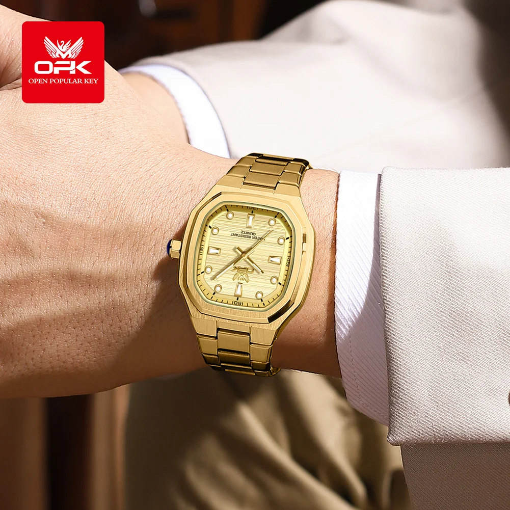OPK 6044 Men's Wristwatch Gold Stainless steel Square Simple Waterproof Luminous Quartz Men Watch 2