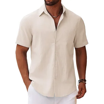 Cotton Linen Shirt for Men Solid Color Casual Basic Style Shirts Breathable Lightweight Male Dailywear Turn-down Collar Tops 1
