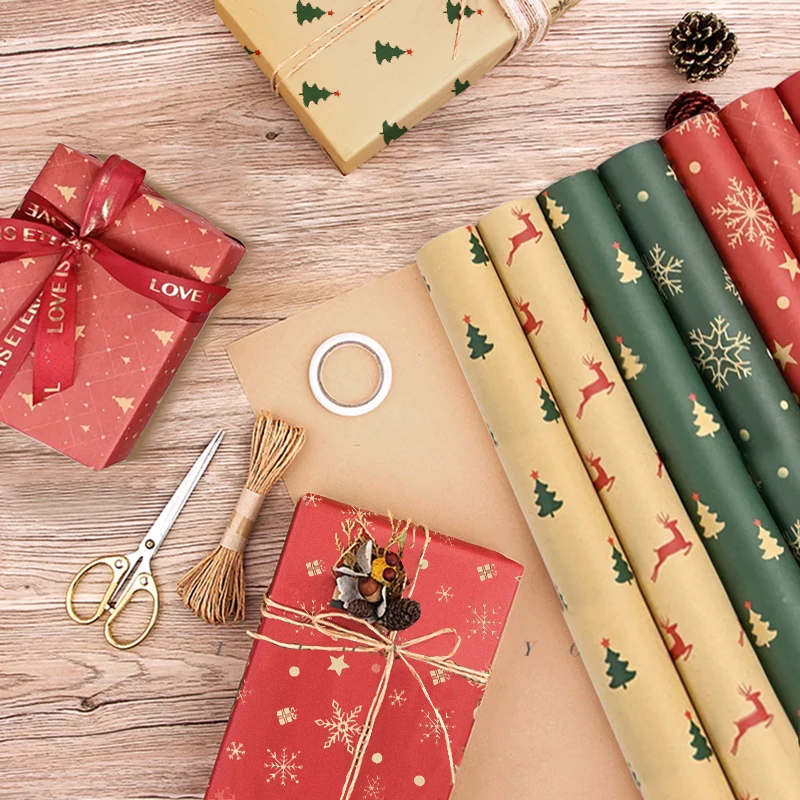 Christmas Wrapping Paper Bundle - Brown Kraft Paper with Color Pattern For  - Christmas Elements Collection-1 Roll - 20*27.5In Per Roll 