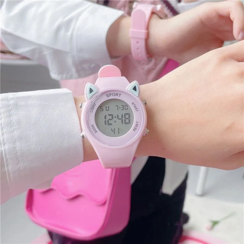 【Watch + Bracelet】Cat Ear Children's Silicone Multi Functional Sports Electronic Unicorn Bracelet Set