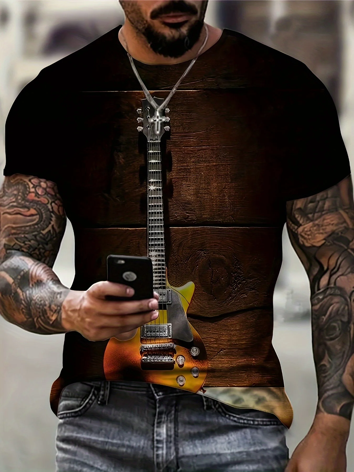 

Summer New 3D Printing Men's Guitar T-shirt Comfortable T-shirt