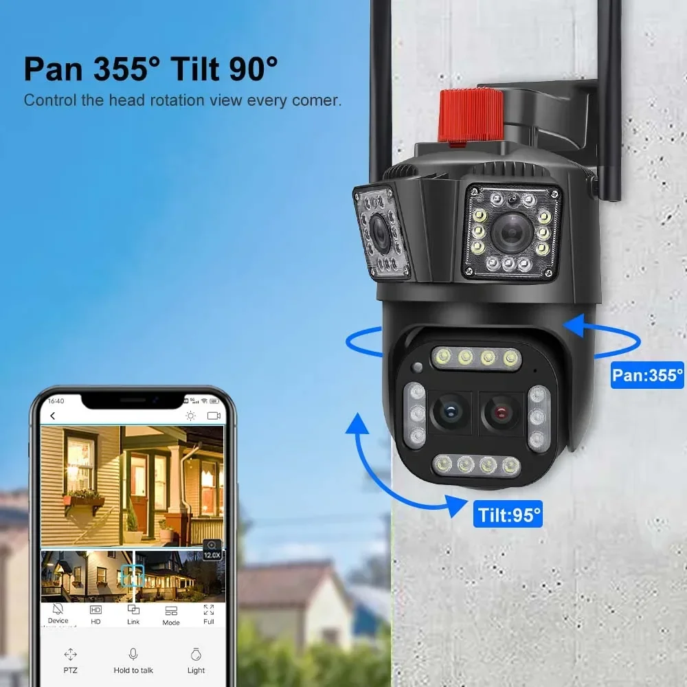 야외 보안 카메라, AI 추적 렌즈 4 개, 3 개 스크린, 거리 360 ° 감시 PTZ 카메라, 16MP 8K 와이파이 IP 카메라, 10X 줌
