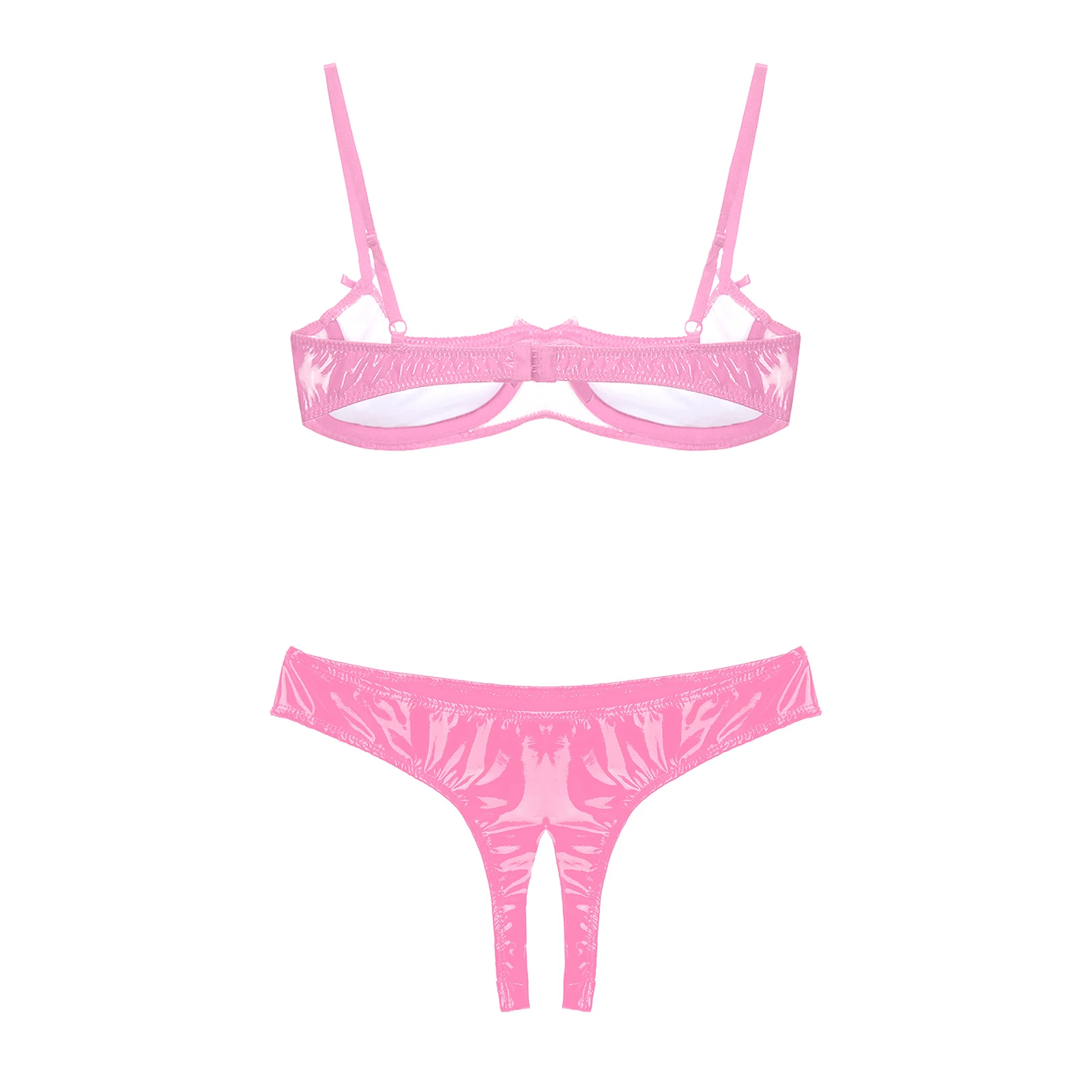 Womens Glossy Patent Leather Sexy Lingerie Set Underwear Adjustable Straps Open Chest Underwired Bra with Open Crotch Briefs women two piece sets