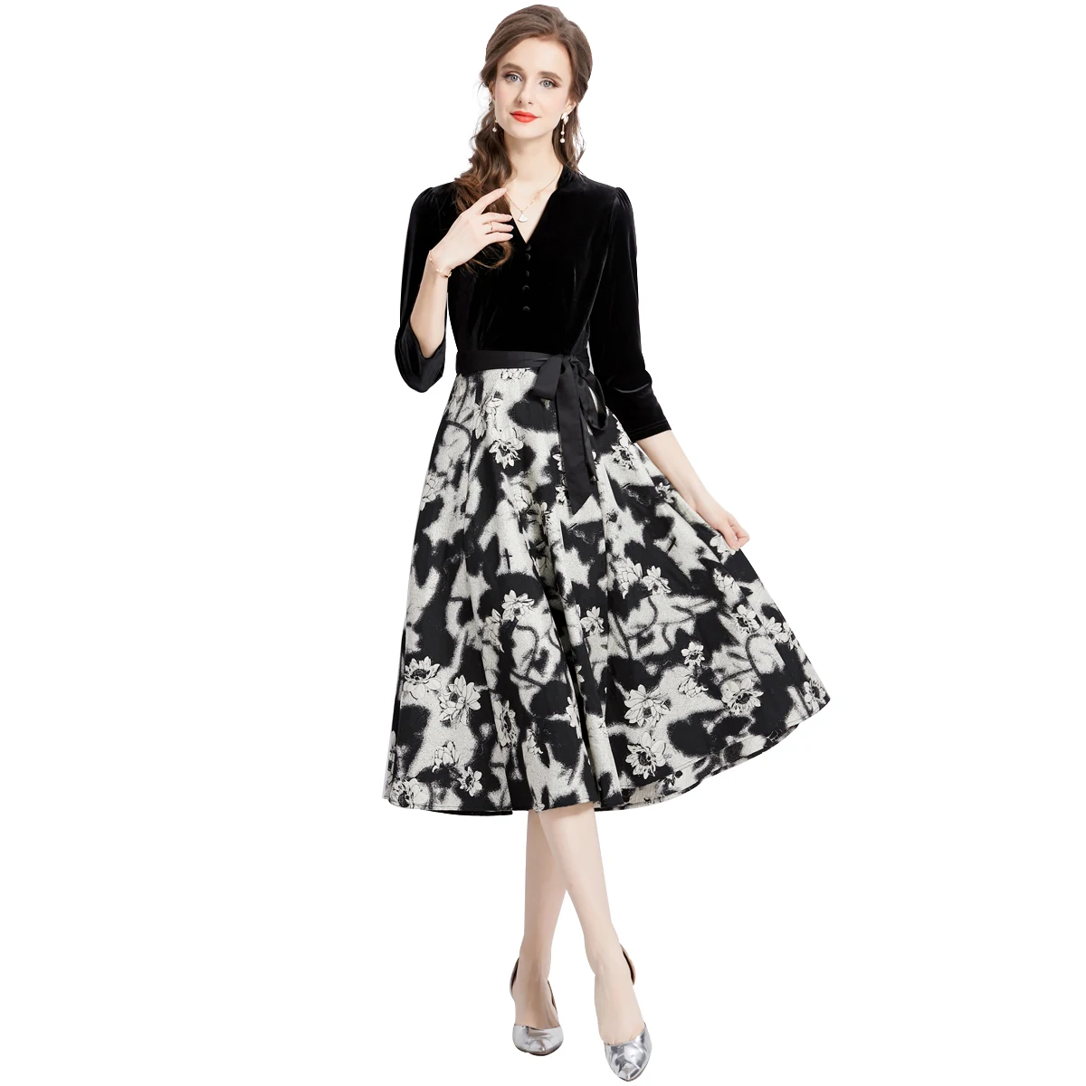 2023 New Autumn Black Velvet Jacquard Print Dresses V-Neck Lace-up Belt Vintage Party Dresses Vestidos 2023