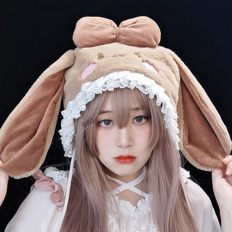 

Bowknot Decor Bunny Ear Shape Skiing Hat Furry Hats for Women Ear Protects Drop Shipping