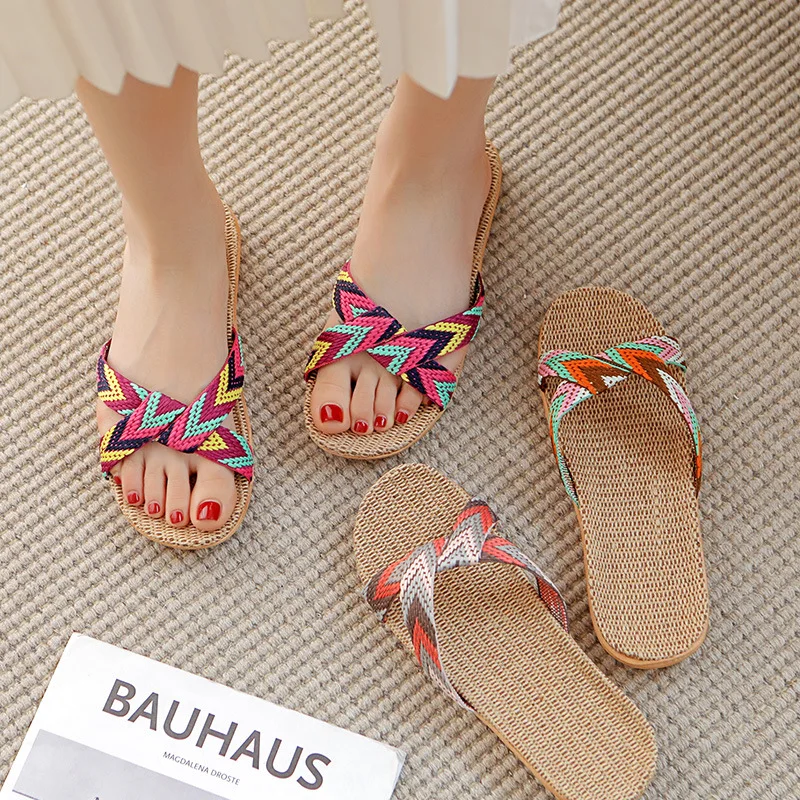2023 New Linen Slippers Ladies Summer Home Indoor Office Non-Slip Bottom Men And Women Couple Handmade Sandals And Slippers