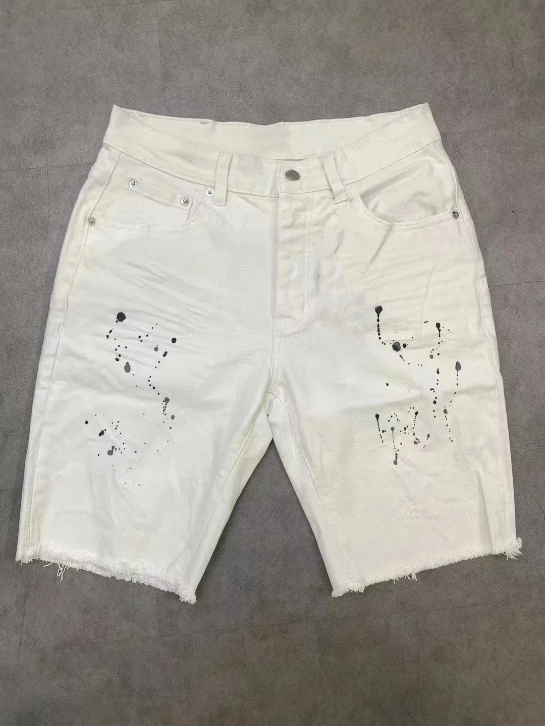 Fashion Summer White Denim Shorts Men's Ink Splashing Casual High Street Knee Length Shorts