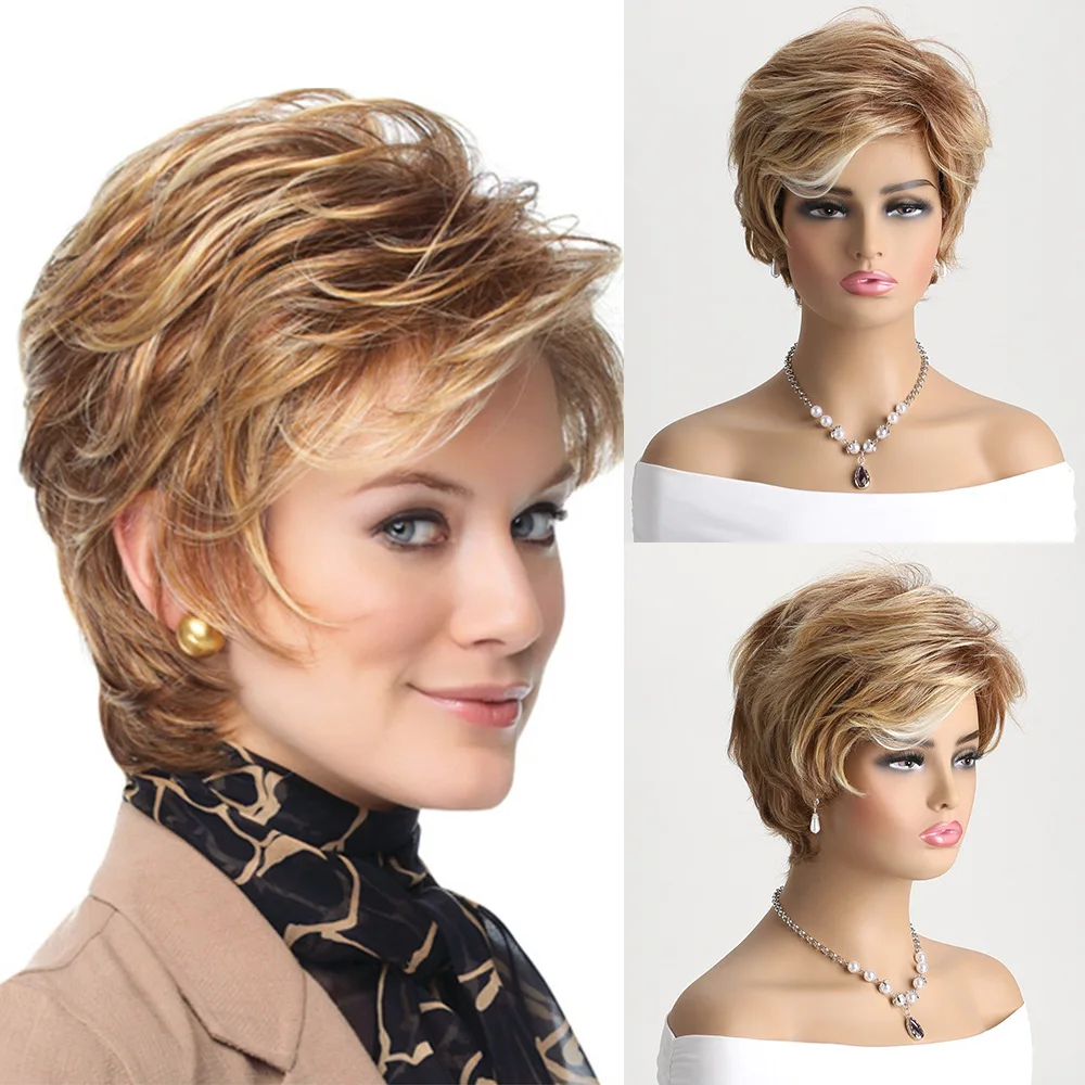 Brown And Gold Mixed White Synthetic Wig With Bangs Female Short Curly Hair Rose Mesh Daily Use Party Cosplay Fashion HeadCover british small mesh hair rope female online influencer mixed color woven plaid large intestine ring rubber band hair rope tempera