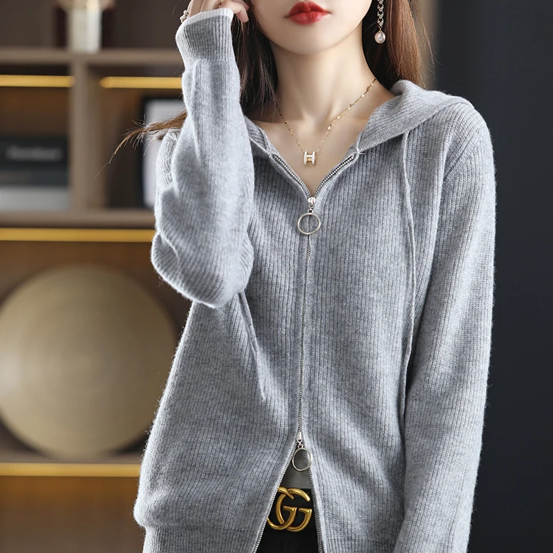 

Autumn and Winter New Women's Cashmere Sweater 100% Wool Hoodie Zipper Knitted Cardigan Loose Korean Fashion Casual Top
