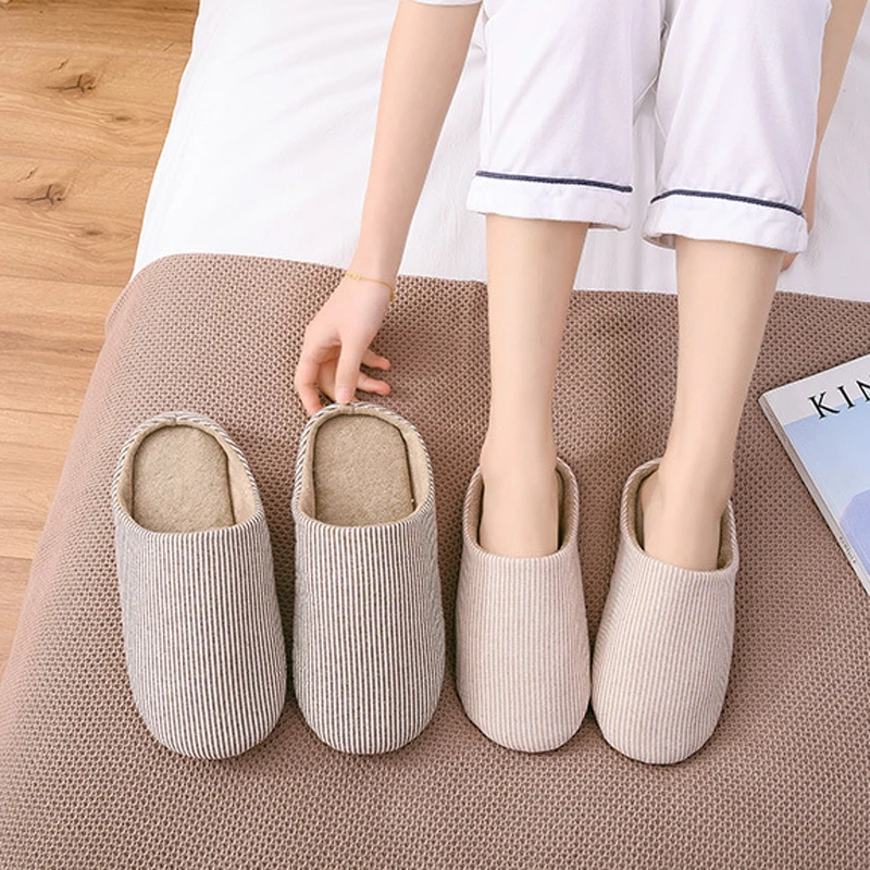 

Striped Winter Slipper Women Fur Contton Warm Plush Non Slip Grip Indoor Fluffy Fuzzy Lazy Soft Female Home Floor Shoe Flat