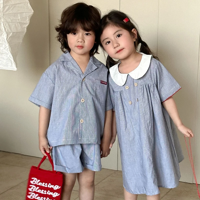 Sibling Clothes 1-8Y Children's Summer Shirt Set Boys Striped Lapel Shirt Shorts 2Pcs Girls Peter Pan Collar Dress Kid's Outfit