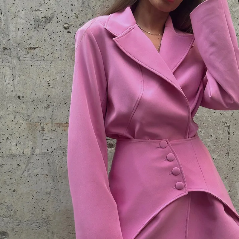 Slim Long Blazer Suits For Women Fashion Pink High Waist Skirts Female Turn Collar Blazer 2 Piece Sets Womens Outfits New