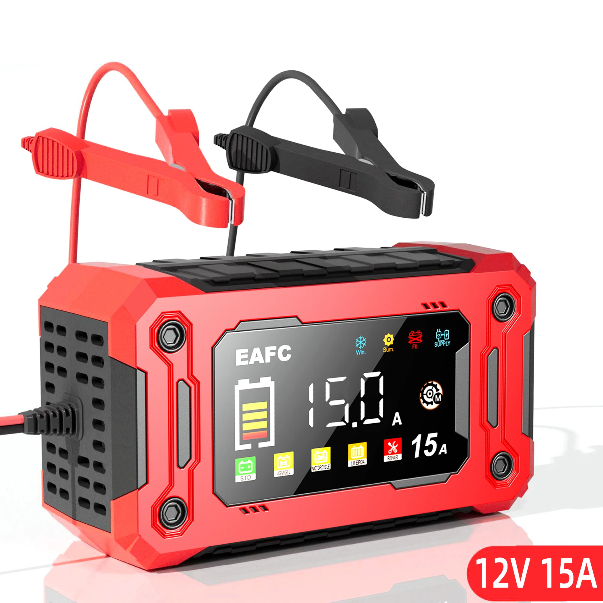 Smart 12V 15A Battery Charger with Large LCD Display for Various Vehicles and Battery Types