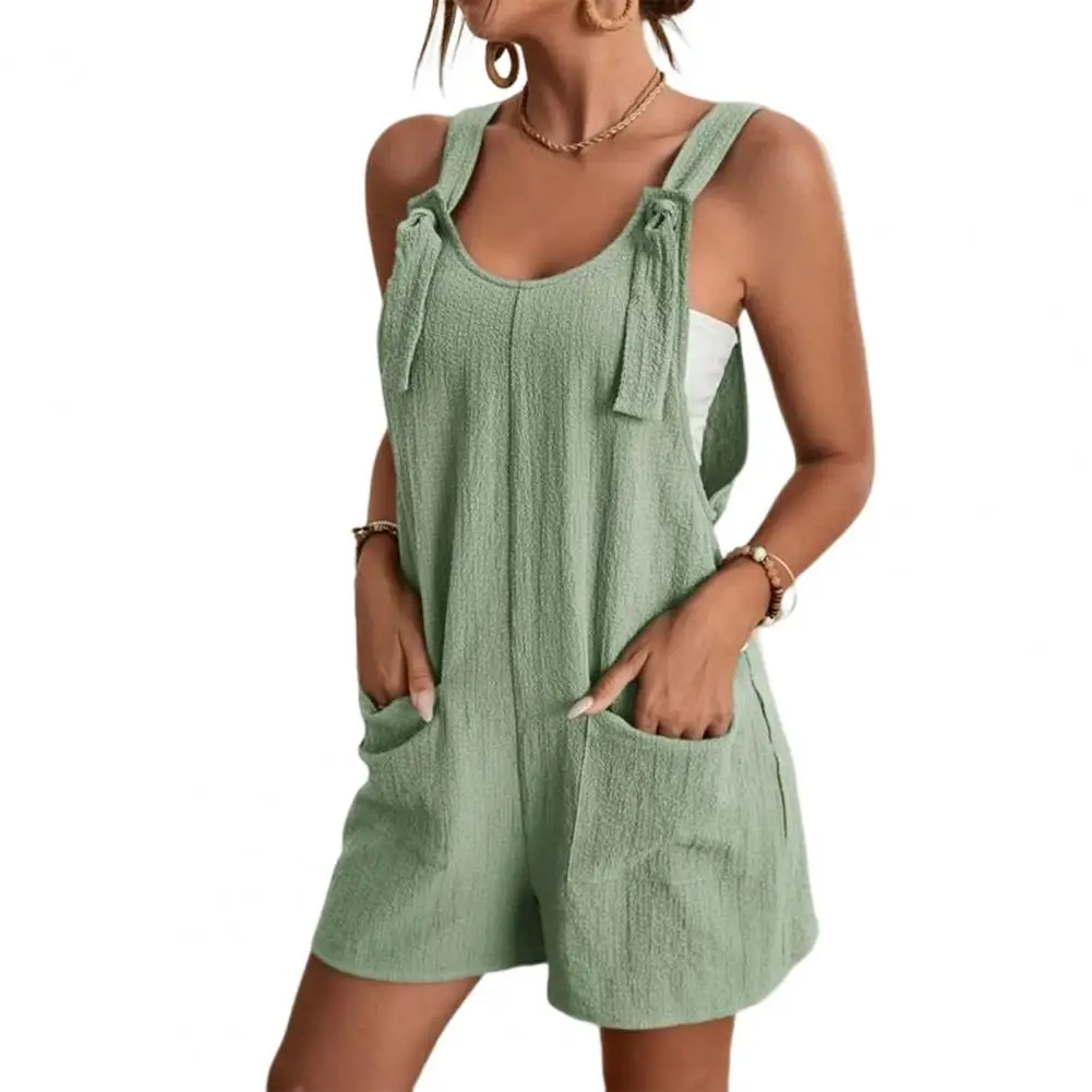 

Lady Summer Romper Wide Leg Casual Double Pocket Sleeveless Solid Color Daily Wear U Neck Short Deep Crotch Ladies Overall
