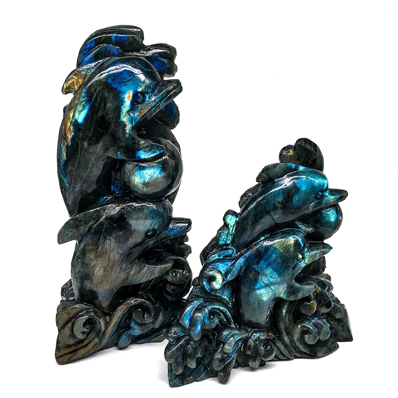 High quality  Wholesale natural  Labradorite Dolphin high quality blue flash crystal crafts Energy crystal animals for sale