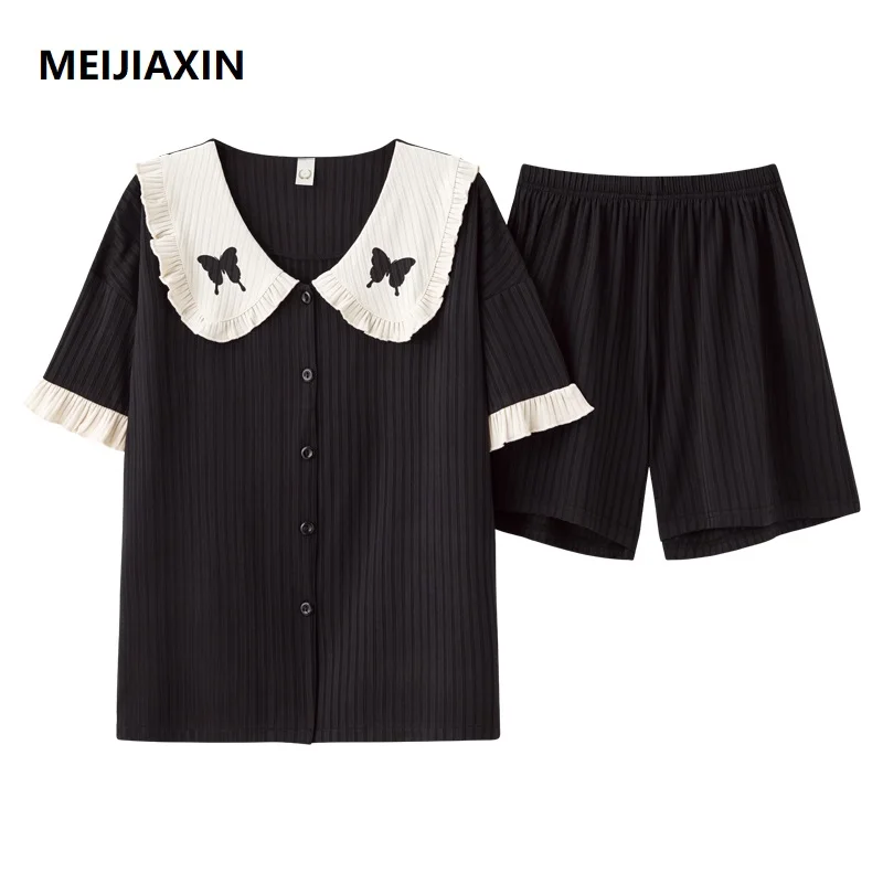

New Summer Cotton Women's Pajamas Short Sleeve Turn-down Collar Cardigan Sleepwear Cartoon Nighty M-4XL Pyjamas Femme