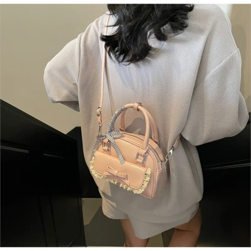 JIAERDI Sweet Cute Pink Messenger Bag Women Harajuku Lace Bow Chic Handle Boston Crossbody Bags Ladies Retro Bowling Bag Y2k
