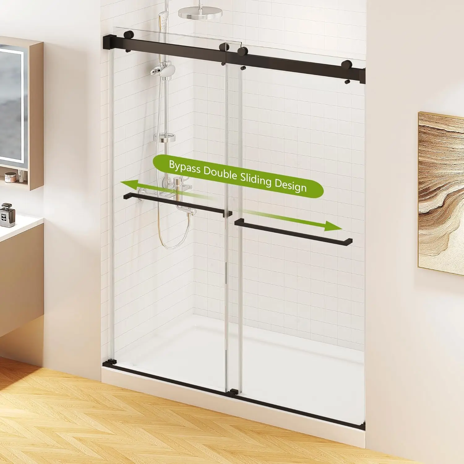 Double Sliding Shower Door 60"" W X 76"" H For Bathroom, Frameless Shower Glass Door With 5/16""(8Mm) Tempered Glass Door, Seal 6