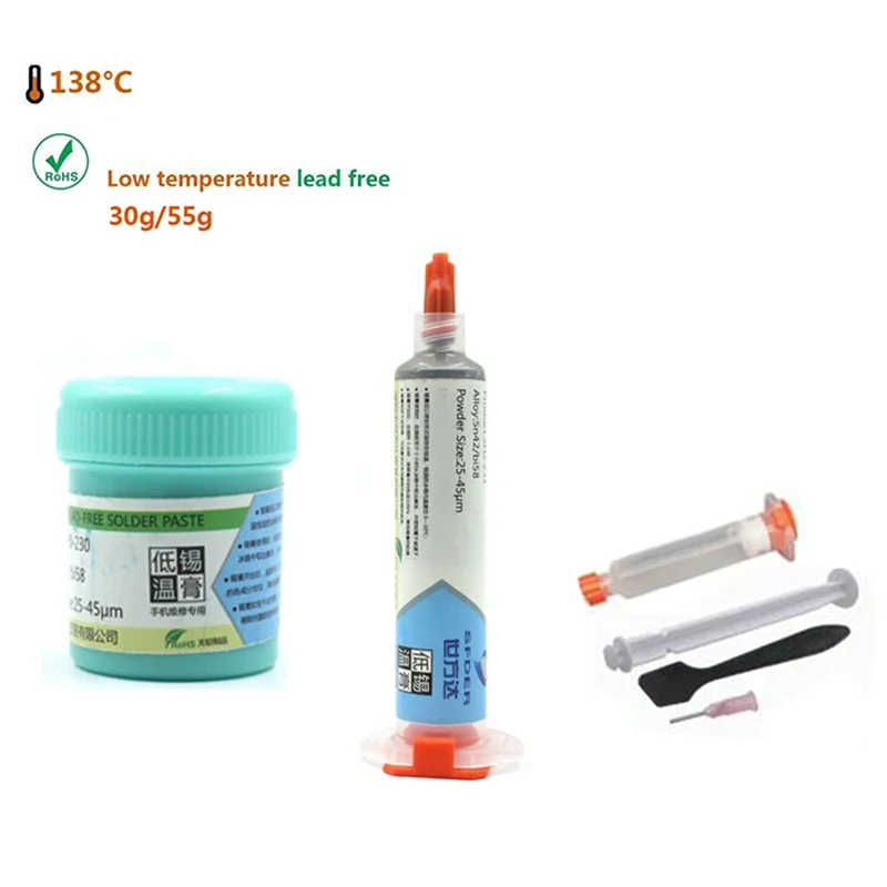 

Lead-Free Tin Soldering Paste 138℃ Low Temperature Repair Welding Flux Solder for BGA PCB SMD Solder Cream 30/35/55g Sn42Bi58