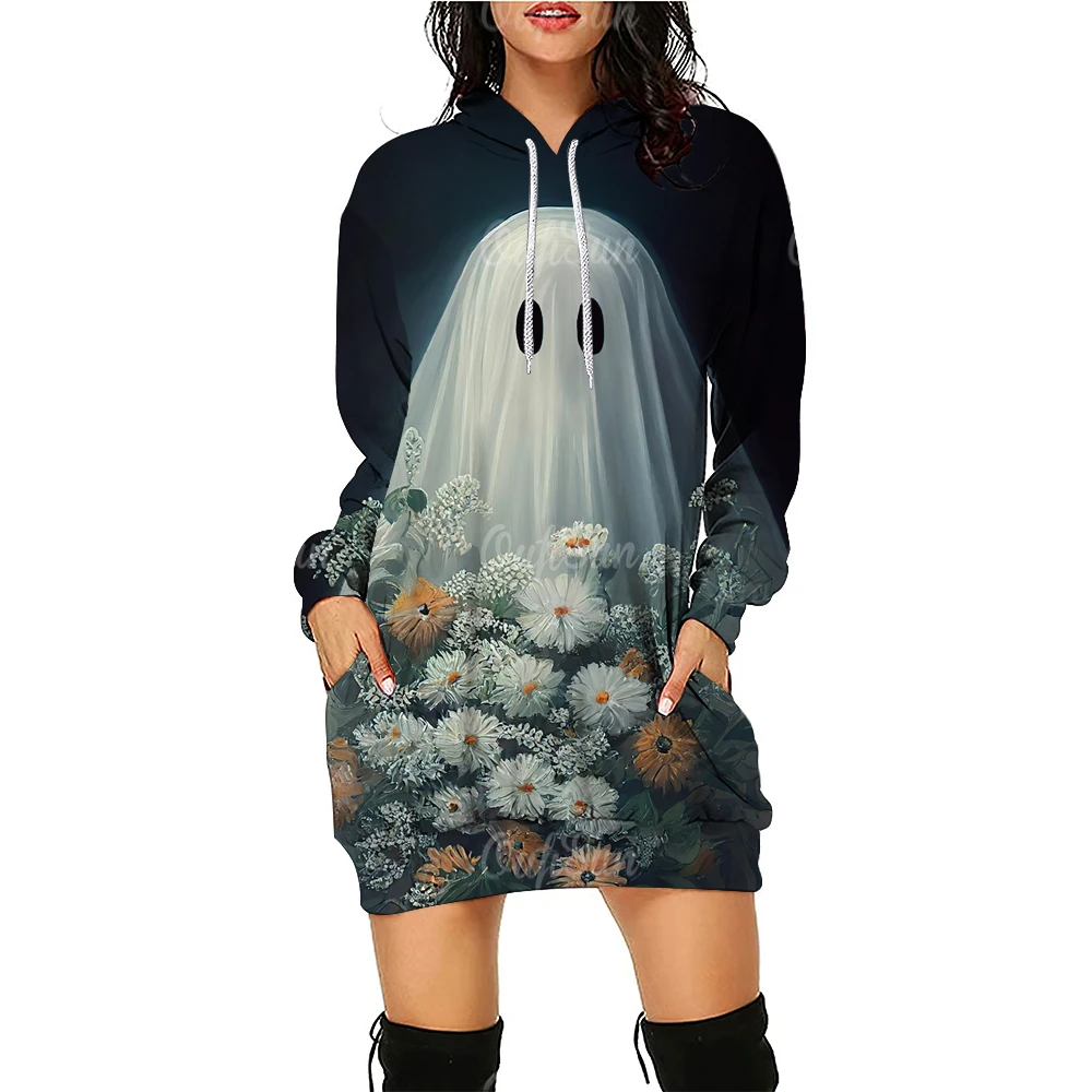 

Funny Halloween Skull Print Hoodie Dress For Women Winter One-Piece Dress Sweatshirt Party Slim Fit Dress Funny Female Clothes
