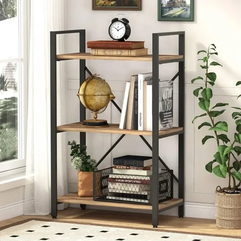 

Simple 3 Tier Bookshelf, Rustic Small Book Shelves for Small Space, Short Wood Metal Etagere Bookcase