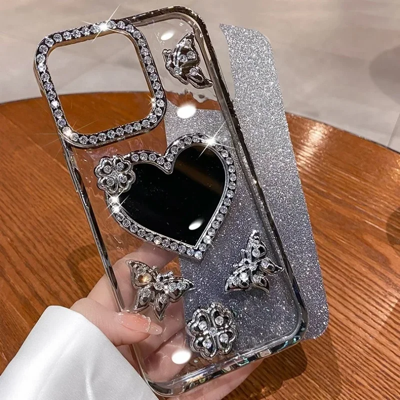 Elegant Heart Makeup Mirror Case with Plating Butterfly and Glitter Diamond Design