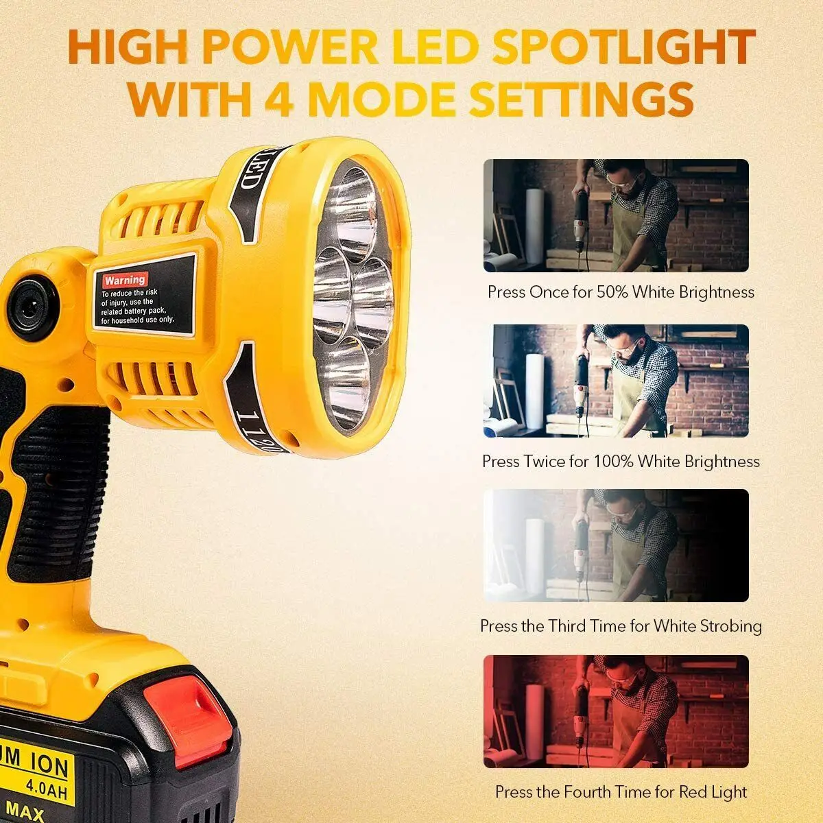 1120LM LED Work Light Flashlight 12W Spotlight For DeWalt 20V MAX Li-Ion Battery