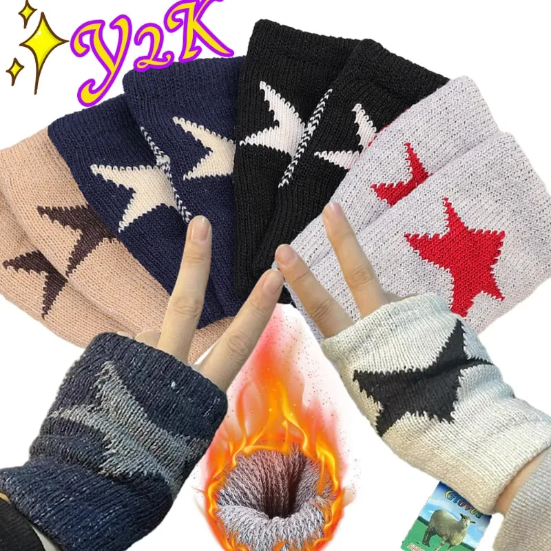 

Fashion Warm Gloves Y2K Winter Fingerless Knitted Thicken Soft Warm Five-pointed Star Pattern Fashion Half Finger Women Gloves