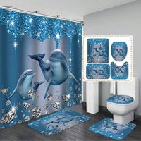 4pcs Blue Shiny Diamond Shower Curtains Set Ocean Dolphin 3D Printing Shower Curtain  Bathroom Decoration Accessories 1
